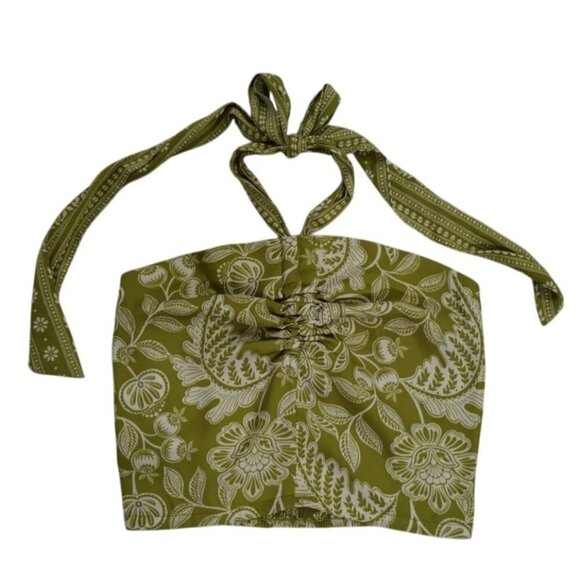 Green & White Floral Smocked Halter Crop Top By Rose + Olive XS, NWT. - Picture 4 of 8